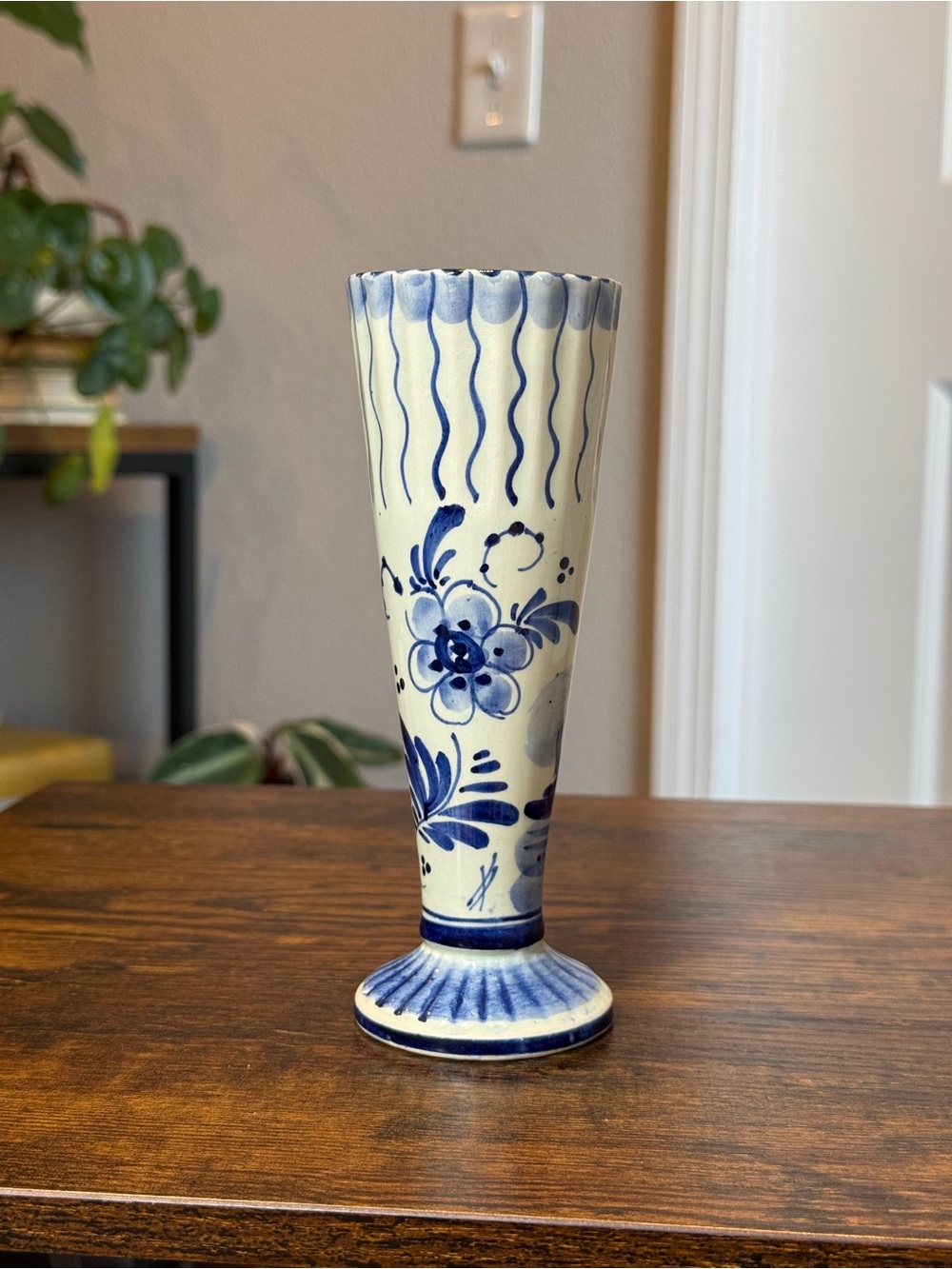 Vintage Delft Blue Fluted Bud Vase Hand Painted Marked Delfts Holland Ceramic
